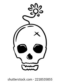 Skull hand drawn design illustration and flower grow head  