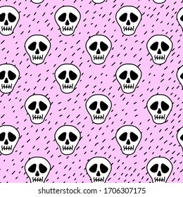 Skull hand drawn halloween doodle seamless pattern on light pink background