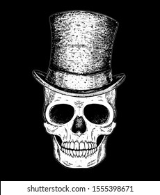 Skull hand drawn illustration. Cylinder hat on the skull. Tattoo vintage print. Retro skull sketch illustration. Vector print. Engraved style.