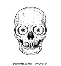 Skull hand drawn illustration. Tattoo vintage print. Venom skull sketch. Vector print. Skull with eyes sketch.