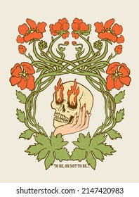  skull in a hand with fiery eyes, flowers and an inscription to be or not to be,