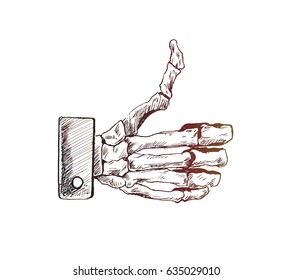 Skull hand gesture thumps up - like, Hand Drawn Sketch Vector illustration.