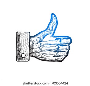 Skull hand gesture thumps up - like, Hand Drawn Sketch Vector illustration.