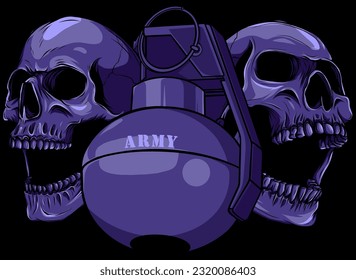 calavera con granada de mano sobre el vector de fondo negro