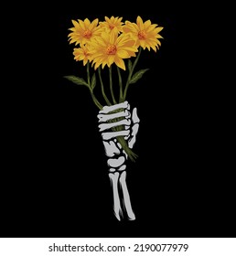 Skull Hand hold Sunflower vector on black background