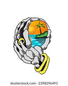 Skull hand holding beach and sunset view vector illustration isolated on white background