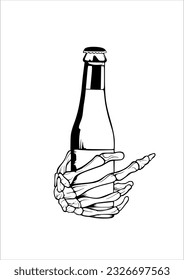 skull hand holding a bottle of beer vector illustration pattern outline design