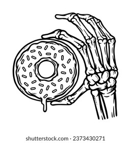skull hand holding donut