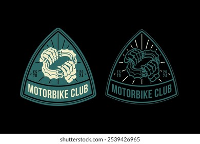 Diseño retro del logotipo de la insignia del motor del engranaje de la mano del cráneo para el garaje, recambio, deporte extremo colección del logotipo del emblema del acero de la rueda dentada de la mano para el corredor, motocicleta, jinete, mecánico 