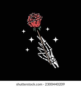 skull hand holding red rose flower. suitable for branding, t-shirts, etc