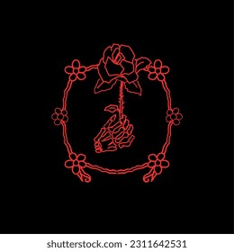 Skull hand holding rose flower with floral frame