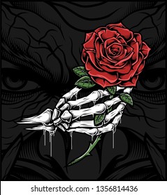 skull hand holding a rose.hand drawing,Shirt designs, biker, gentleman, barber and many others.isolated and easy to edit. Vector Illustration - Vector
