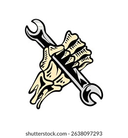 Skull hand holding wrench vector