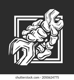 skull hand of plumber or mechanic hand in a fist holding a wrench or spanner vector	