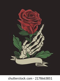 skull hand with red rose flower