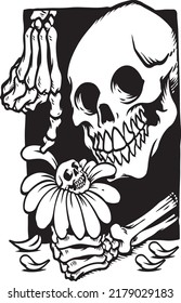 skull hand and roses. Design for printing on t-shirts, stickers and more. Vector.