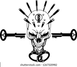 A skull with handcuffs, prison keys and a bullet halo. 