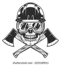 Skull in hard hat and glasses and crossed metal ax with handle made of wood. Wooden axe construction builder tool. Element for business woodworking or lumberjack emblem or icon.