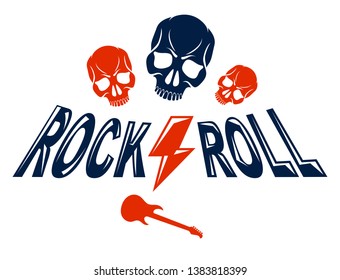 Skull in Hard Rock music vector logo or emblem, aggressive skull dead head Rock and Roll label, Punk festival concert or club, musical instruments shop or recording studio.
