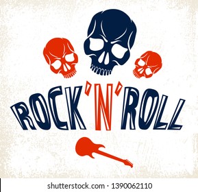 Skull in Hard Rock music vector logo or emblem, aggressive skull dead head Rock and Roll label, Punk festival concert or club, musical instruments shop or recording studio.