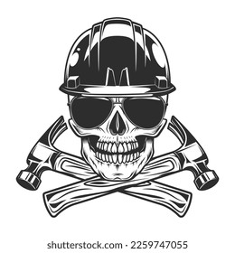 Skull in hardhat buider helmet with construction hammer tools and sunglasses accessory to protect eyes from bright sun vintage isolated vector illustration