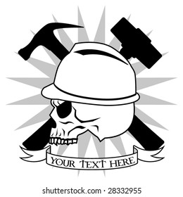 Skull in a hardhat with tools - vector tattoo style (text easily removed)