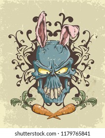 The skull of a hare with ears in graphics drawn manually with Parking in retro style with scuffs of blue, orange, pink flowers