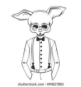 The skull of the hare with the rabbit`s ears. Dressed in a shirt with suspenders and bow tie. Vector Illustration concept