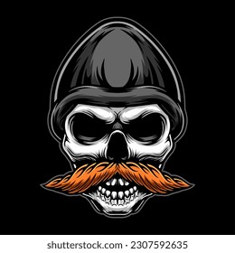 The skull has a mustache and wears a beanie