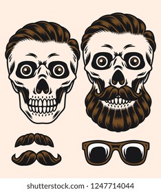 The skull has a vintage hair style with a mustache and a beard.
vector illustration