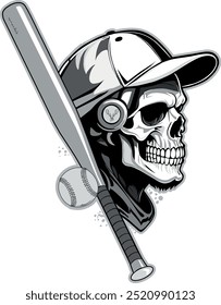 skull with a hat, a bat and a baseball.