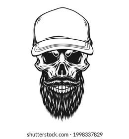 Skull with hat and beard Illustration,Vintage style ,Isolated in white background