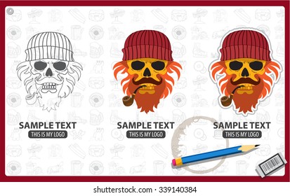Skull in a hat with a beard and a tobacco pipe, skull logo