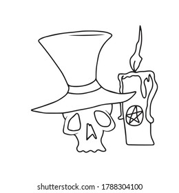 A skull in a hat and a candle. Vector design for banners and Halloween cards
