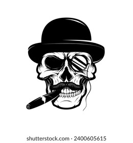 Skull in hat with cigar and monocle. Design element for logo, label, emblem, sign, brand mark, t-shirt print. 