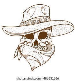 Skull in a hat. Cowboy. Wild West theme illustration.