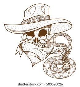 Skull in a hat. Cowboy. Wild West theme illustration.