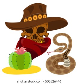 Skull in a hat. Cowboy. Wild West theme illustration.
