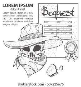 Skull in a hat. Cowboy. Wild West theme illustration.