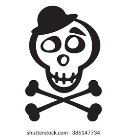 Skull In Hat And Crossbones Icon. Jolly Roger Vector Silhouette Isolated On White Background