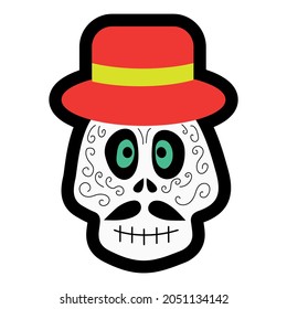 A skull in a hat decorated with ornaments for the celebration of the Day of the Dead and Halloween 