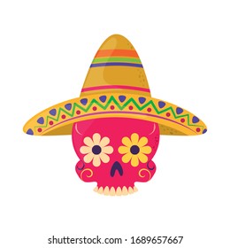 skull with hat decoration.  Cinco de Mayo mexican celebration vector illustration, flat style icon.