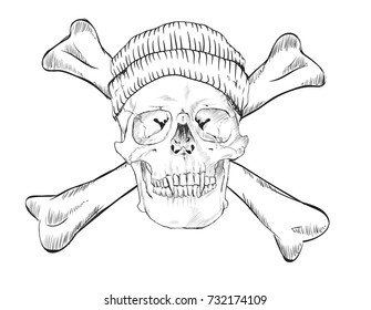 Skull in hat and dice, on white background