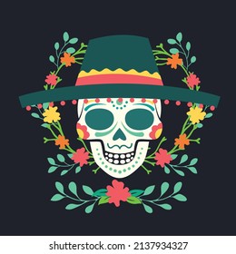 skull with hat floral decorations vector