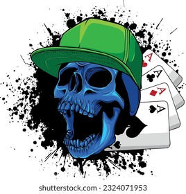 Skull with hat and four aces vector illustration