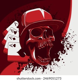 Skull with hat and four aces vector illustration