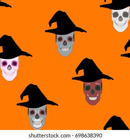 Skull with hat from front view isolated on orange. Seamless pattern. Halloween Party.
