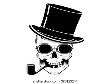 A skull in a hat, glasses and a tube for smoking