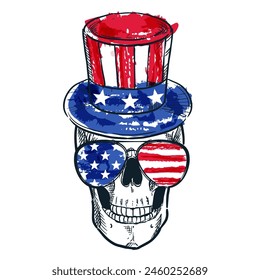 Skull in hat and glasses with USA flag pattern. Hand drawn watercolor sketch illustration isolated on white background. Holiday graphic print, banner, poster, greeting card design element