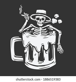 a skull with a hat holding a cigarette soaking in a beer glass. vector illustration